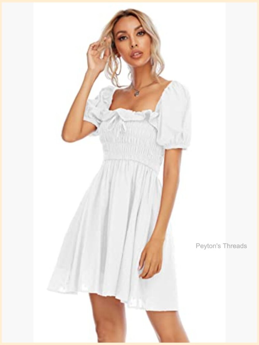 Women's Square Neck Smocked Swing Mini Dress - Short Sleeve Floral Print - Picture 2 of 5